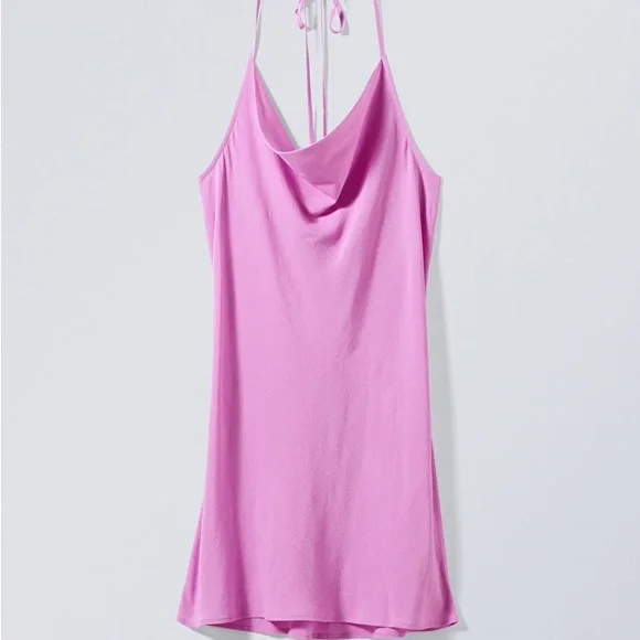 Weekday Halter Slip Dress in Light Pink Purple Satin Silk Cowl Neck Mini Short - Picture 1 of 3